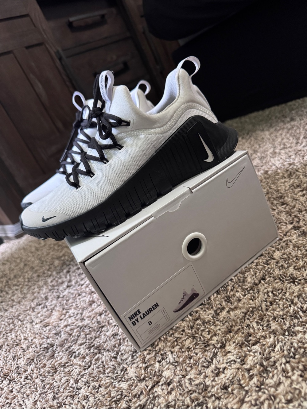 Nike Women’s Custom Free Macon 6 White and Black with Marble Bottom